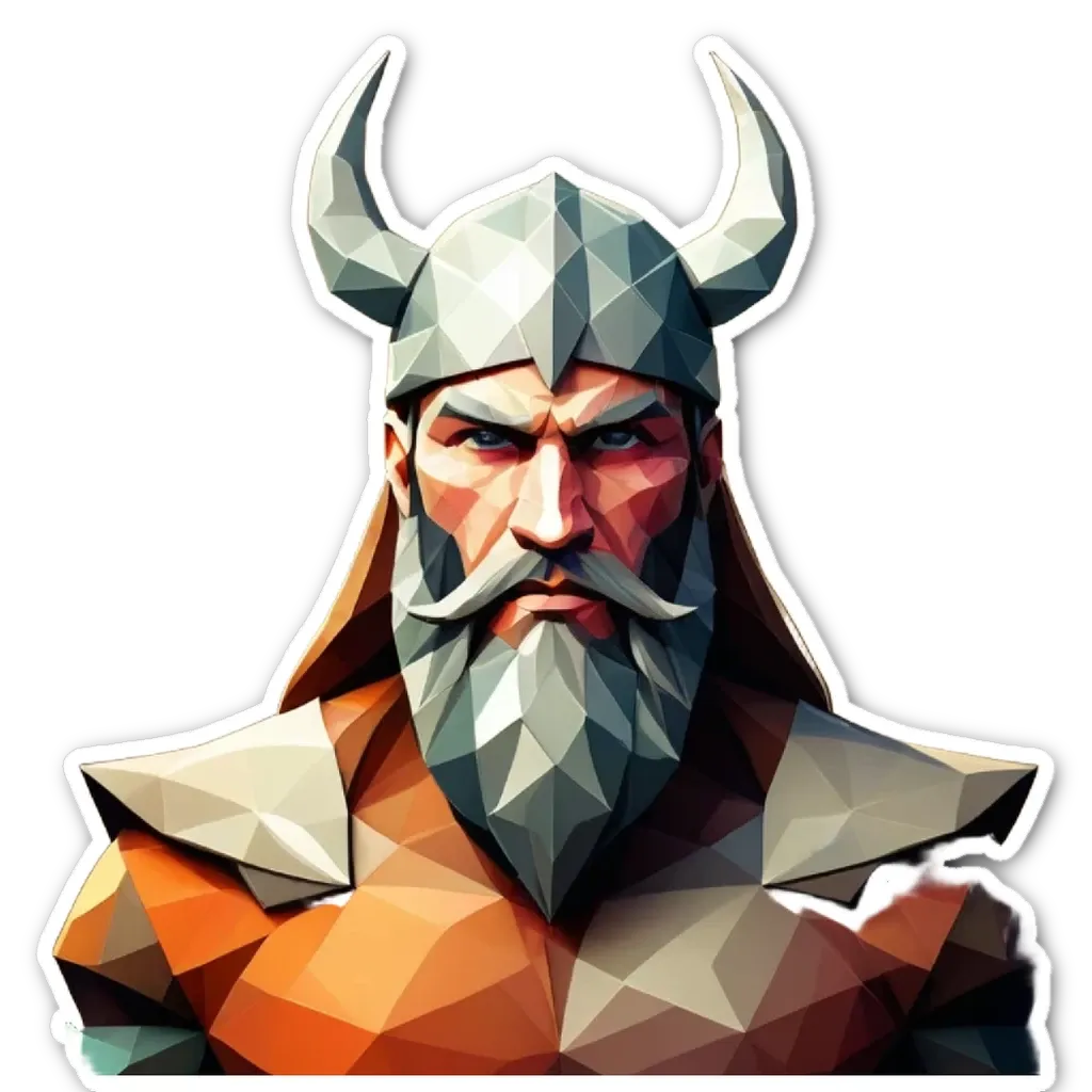 A polygonal man with a beard and a helmet sticker.