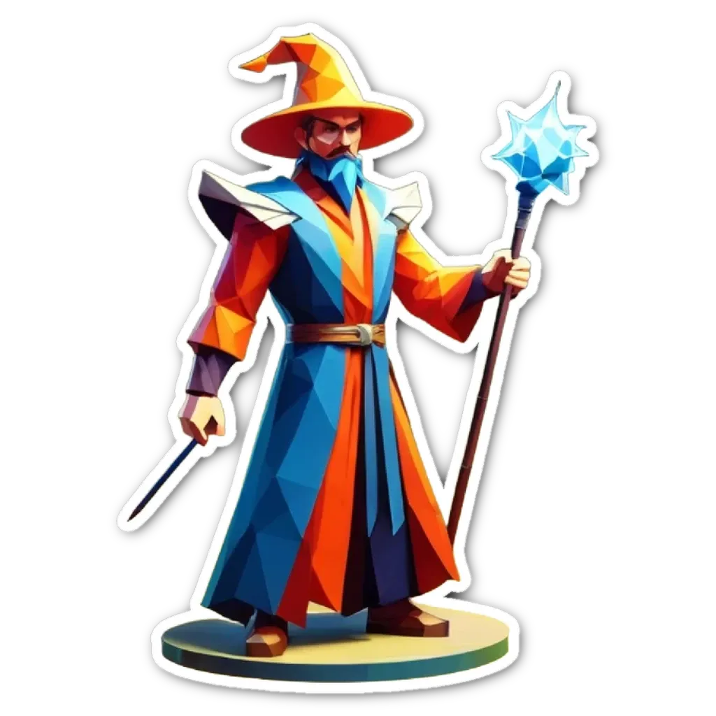 A polygonal wizard who has a staff with him.