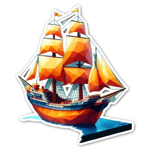 A sticker of a multicolored sailboat on a black and white background.