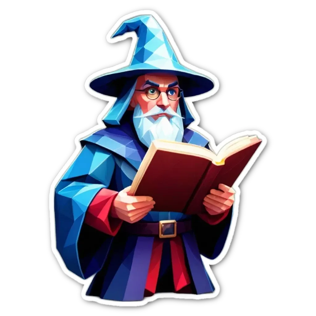 A polygonal wizard reading a book with a black background.