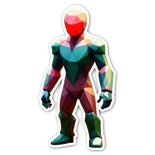 A colorful polygonal figure with a red head stands on a black background.