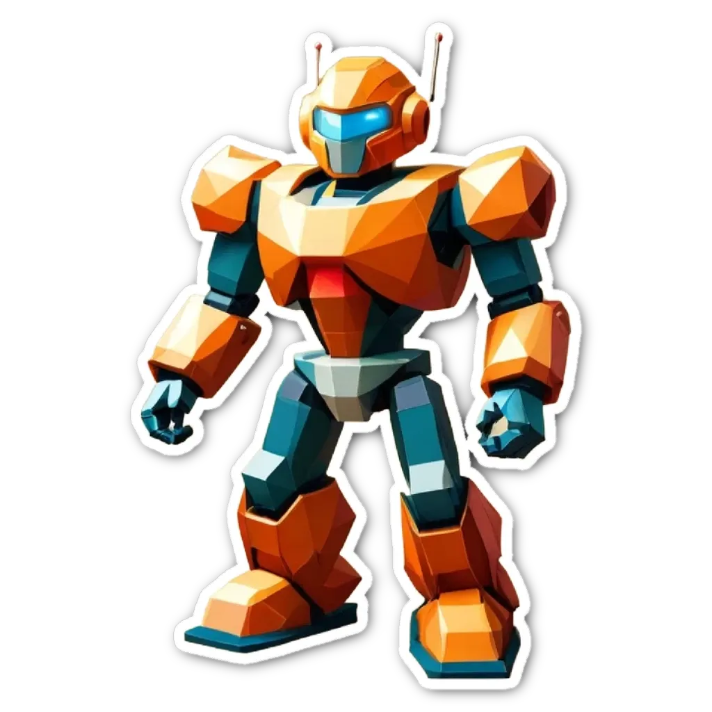 A robot with blue and orange arms and legs is standing on a black background.