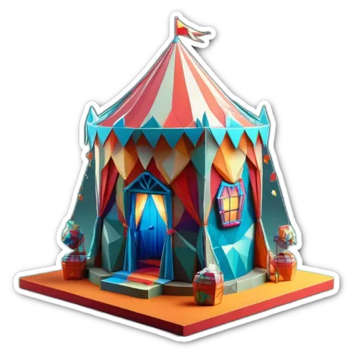 A colorful tent with a blue roof is on a black background.