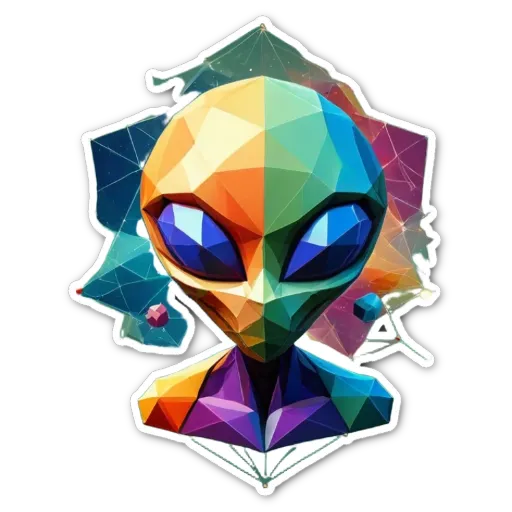 A colorful alien figure with a polygonal head.