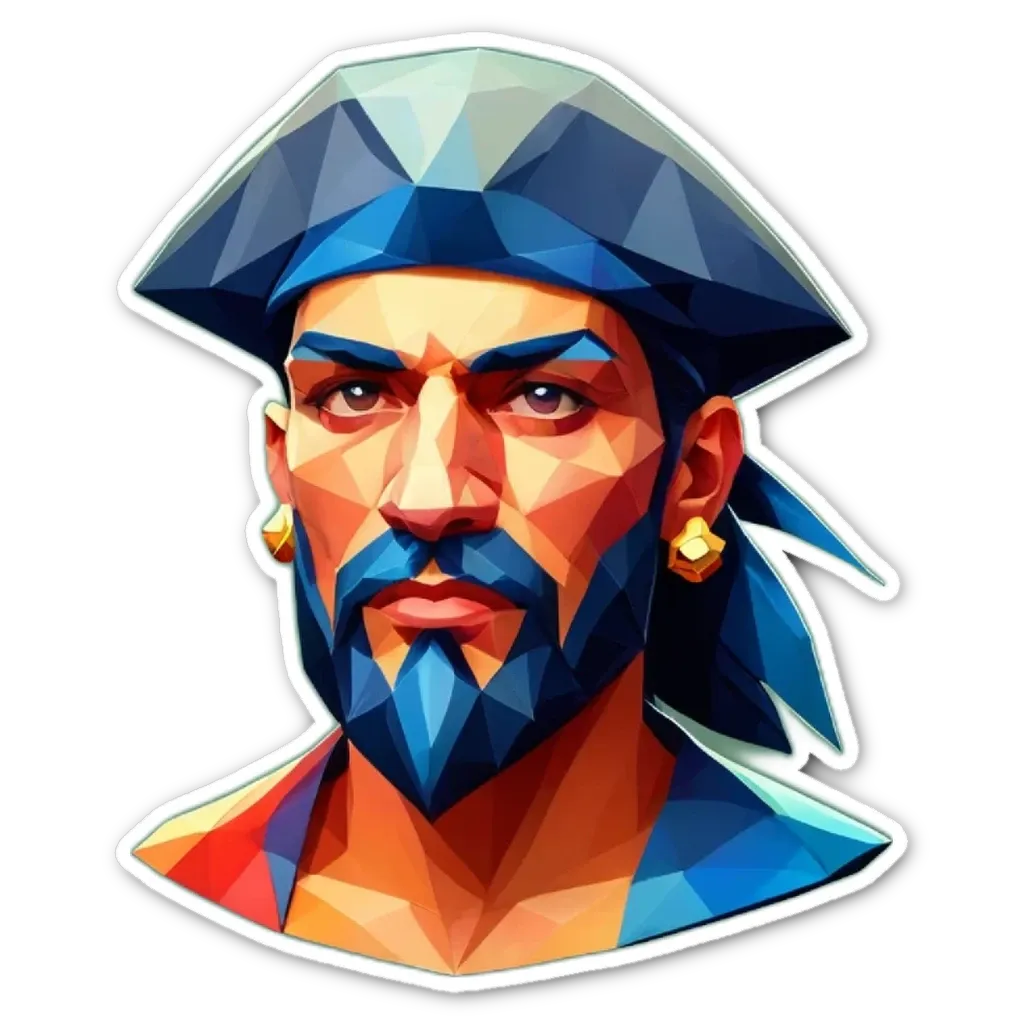 A polygonal man with a pirate hat is staring at the camera.