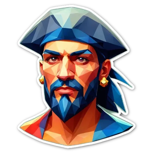 A polygonal man with a pirate hat is staring at the camera.