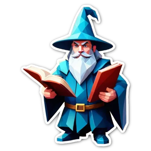 A cartoon of a wizard reading from a book.