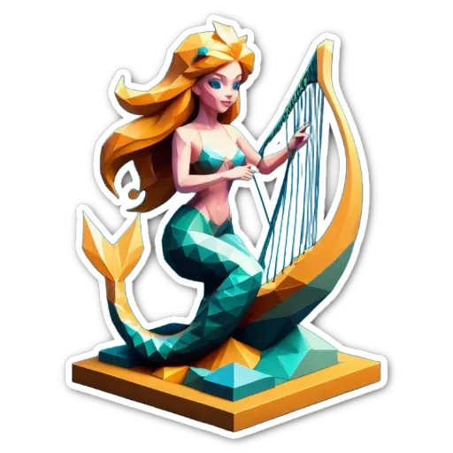 A mermaid playing the harp is shown on a black background.