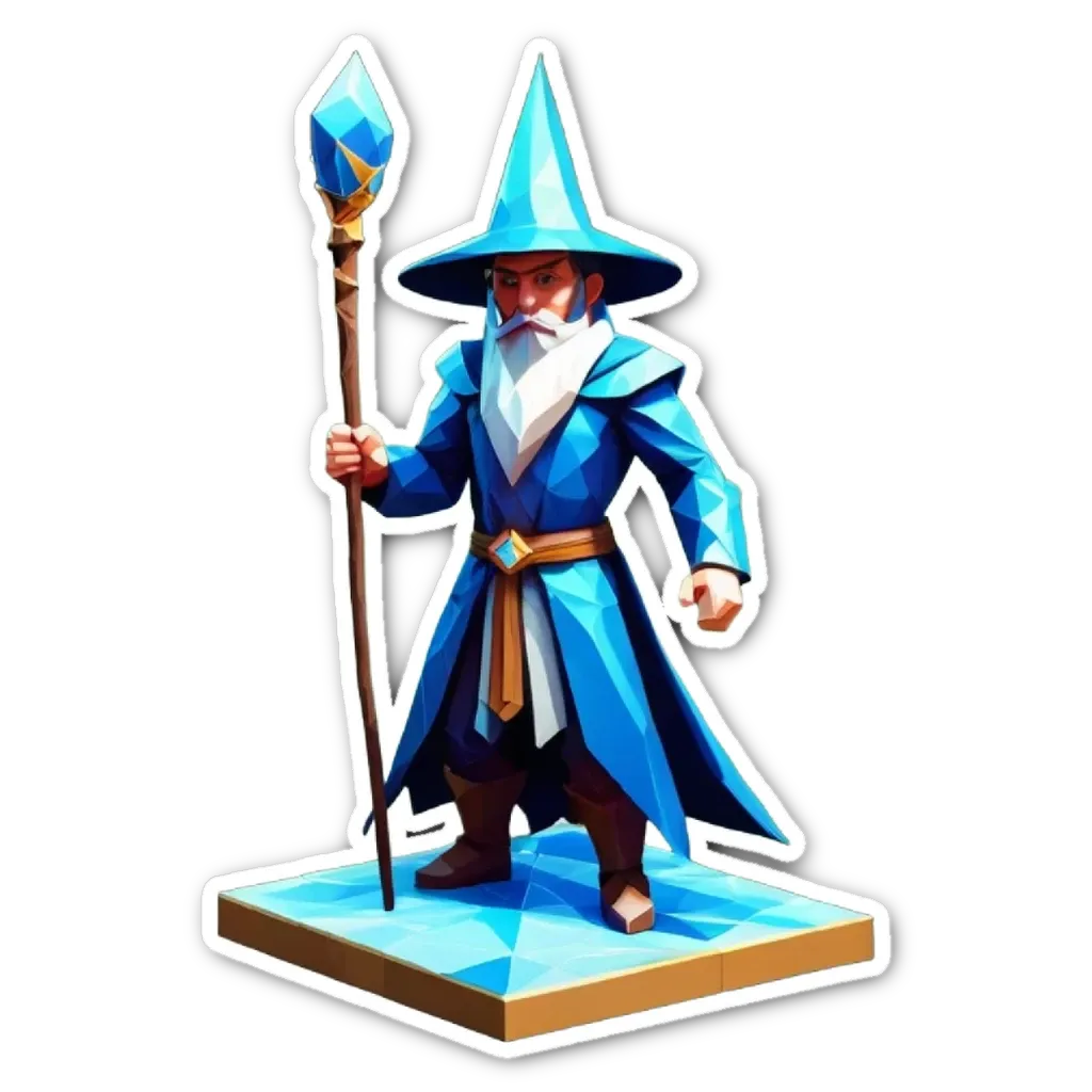 A blue and gold wizard sticker is displayed on a black background.