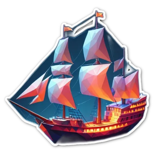 A sticker of a ship in the ocean of a black background.