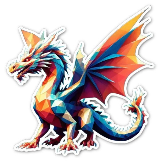 A colorful dragon polygon sticker on a black background.