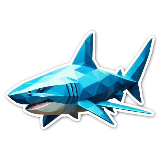 A blue and white shark sticker on a black background.