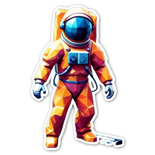 A colorful sticker of an orange suit in space with a key in the bottom right.