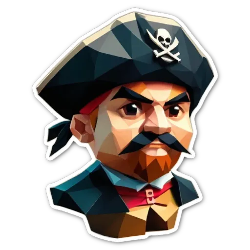 A pirate sticker of a man with a bandanna, mustache, and pirate flag.