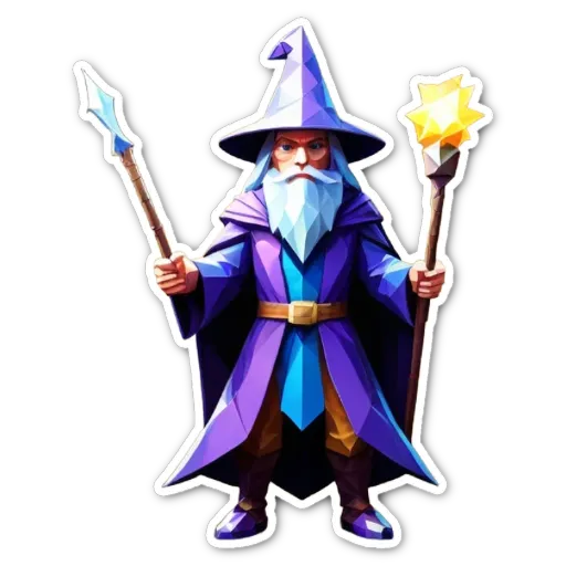 A cartoon depiction of a wizard with two wands, one of which has a star on it.