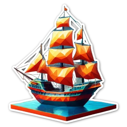 A sticker of a ship in the ocean that is colorful.