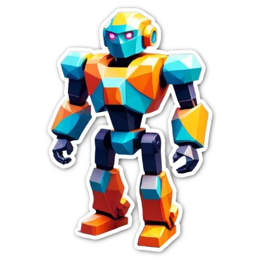 A colorful robot figure with yellow and blue limbs is standing on a black background.