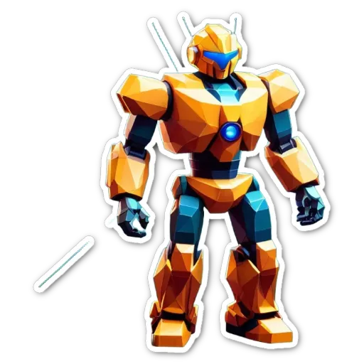 A yellow and blue robot figure on a black background.