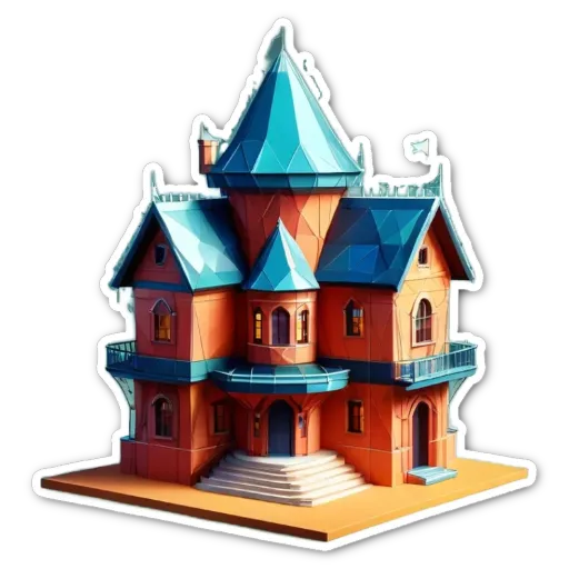 A 3D model of a house with a flag on the roof.