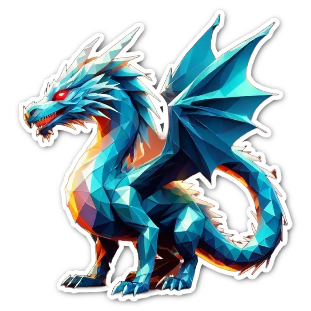 A blue and silver dragon sticker on a black background.