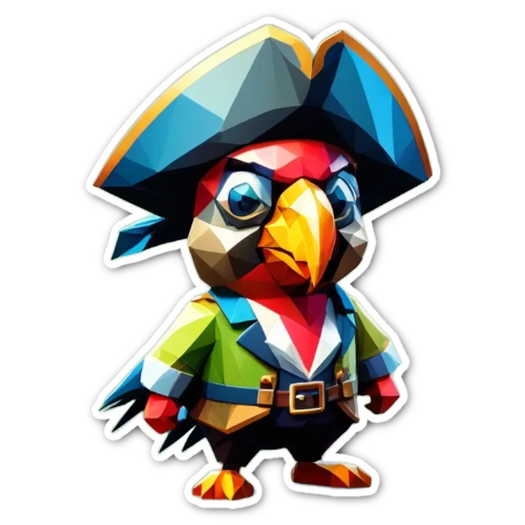 A bird wearing a pirate hat is standing on a black background.