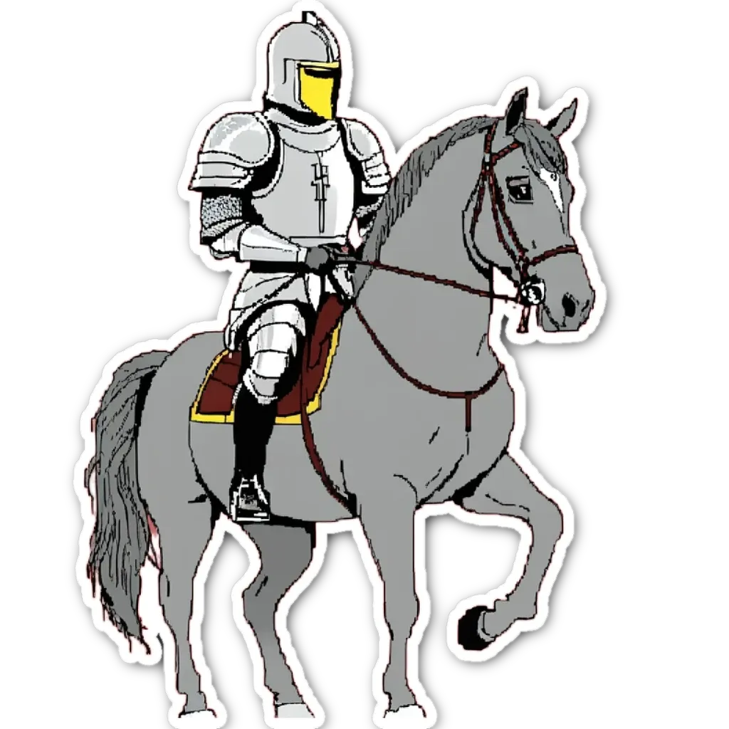 A knight in a silver costume is riding a horse.