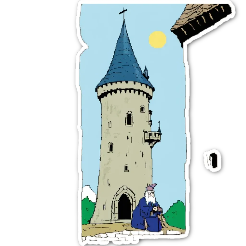 A very detailed and simple drawing of a man in a tower, with the number 1 on the bottom right.