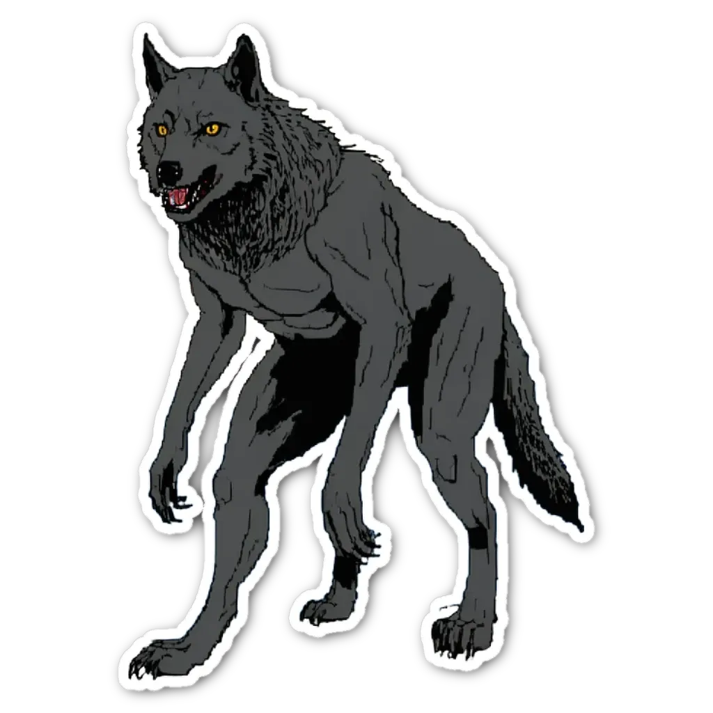 A sticker of a werewolf that is gray and has yellow eyes.