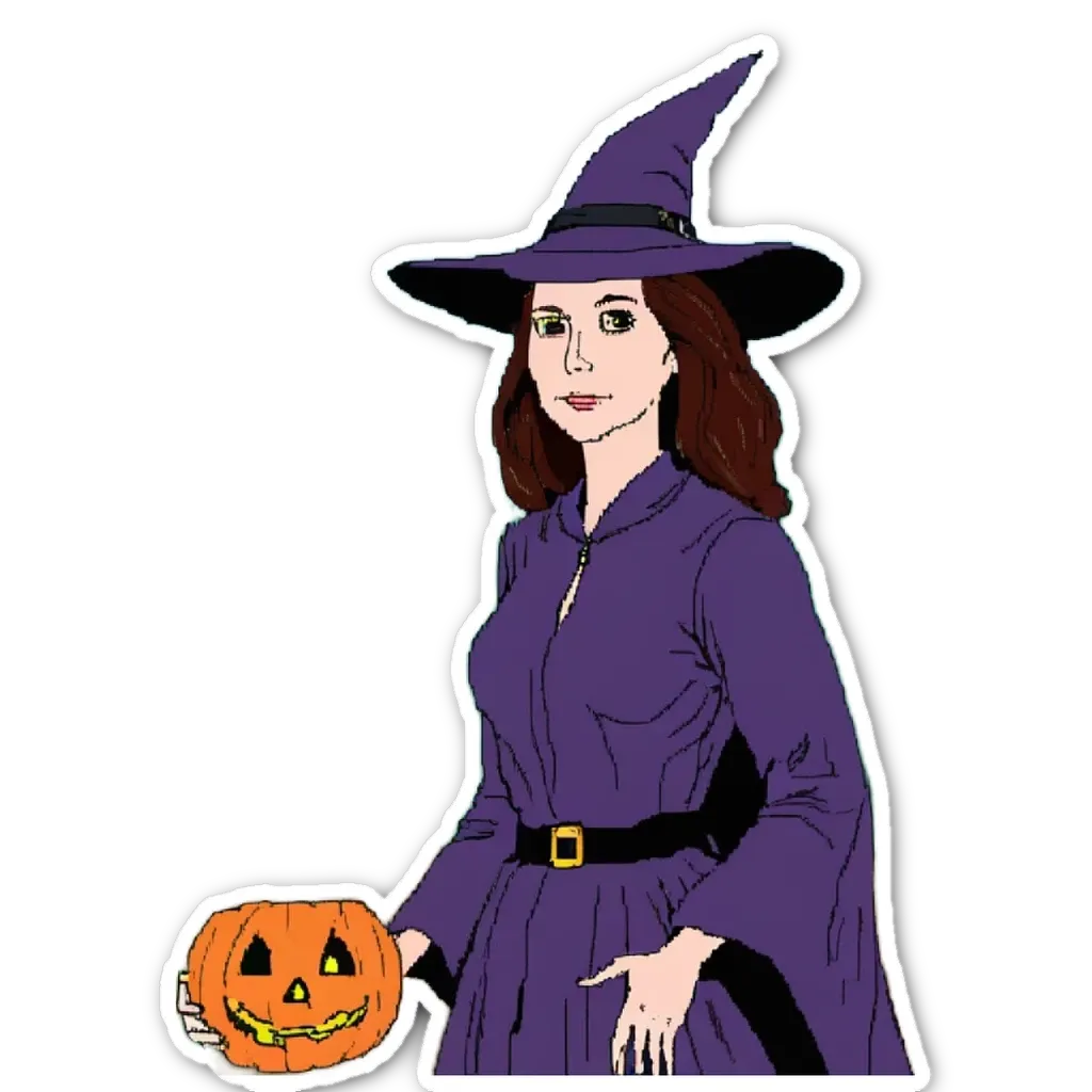 A woman in a purple dress holding a pumpkin on Halloween.