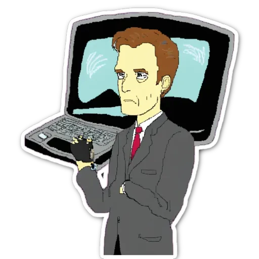 A cartoon depiction of a man wearing a suit and tie with a laptop.