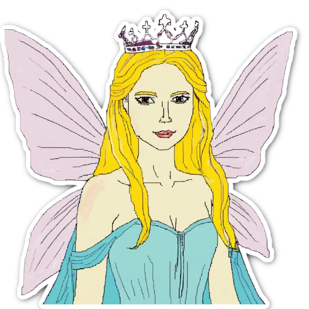 A cartoon drawing of a girl with a crown and wings.