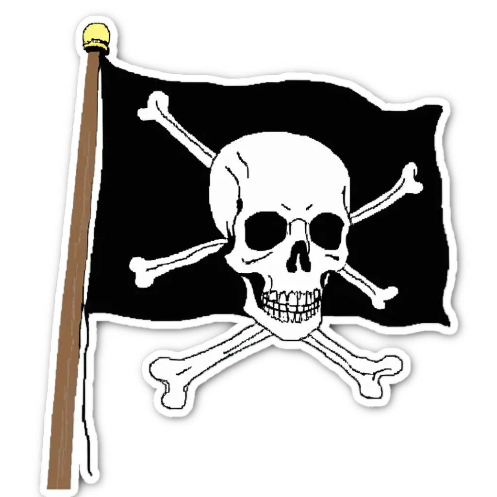 A skull and flag sticker on a black background.