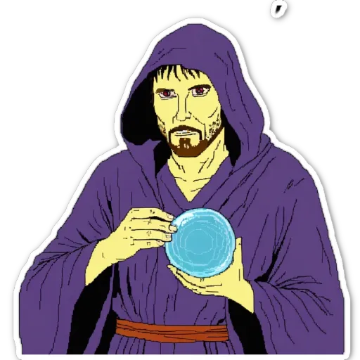 A man in a purple robe holding a blue ball is staring at it.