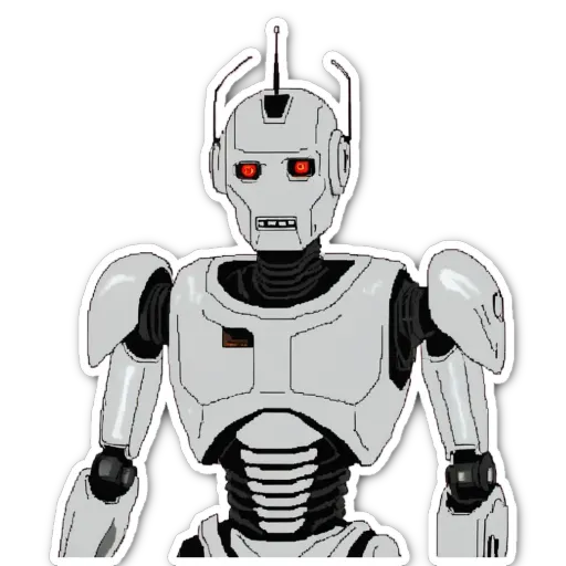 A robot with red eyes is standing up straight.