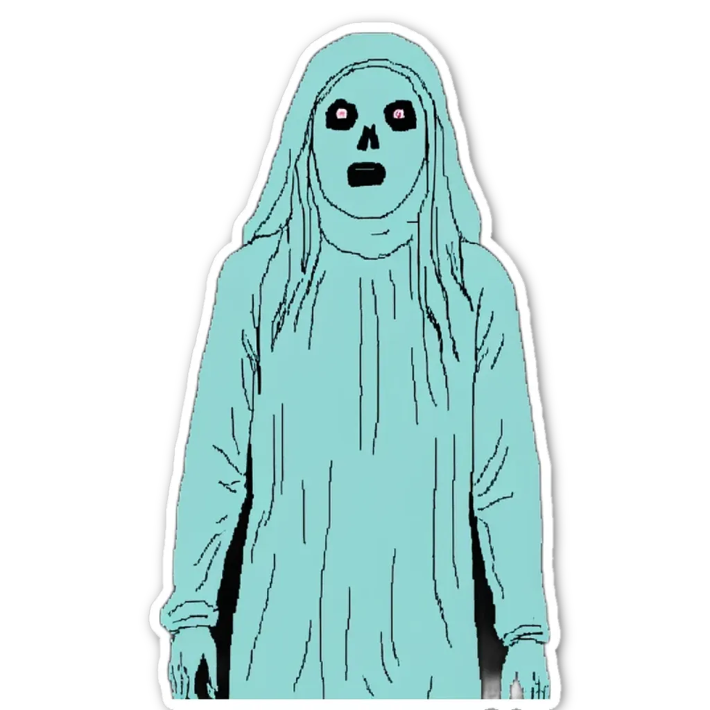 A ghost in blue cloth standing with her hands on her hips against a black background.