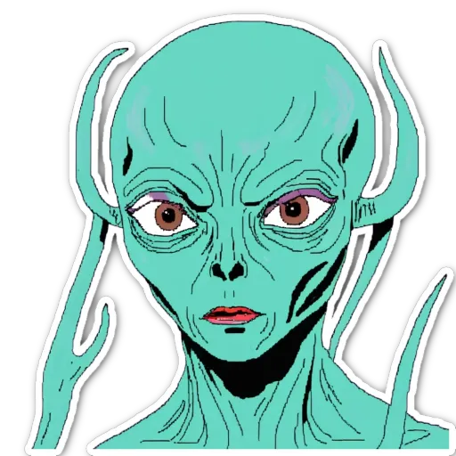 A green alien with red lips is staring at the camera.