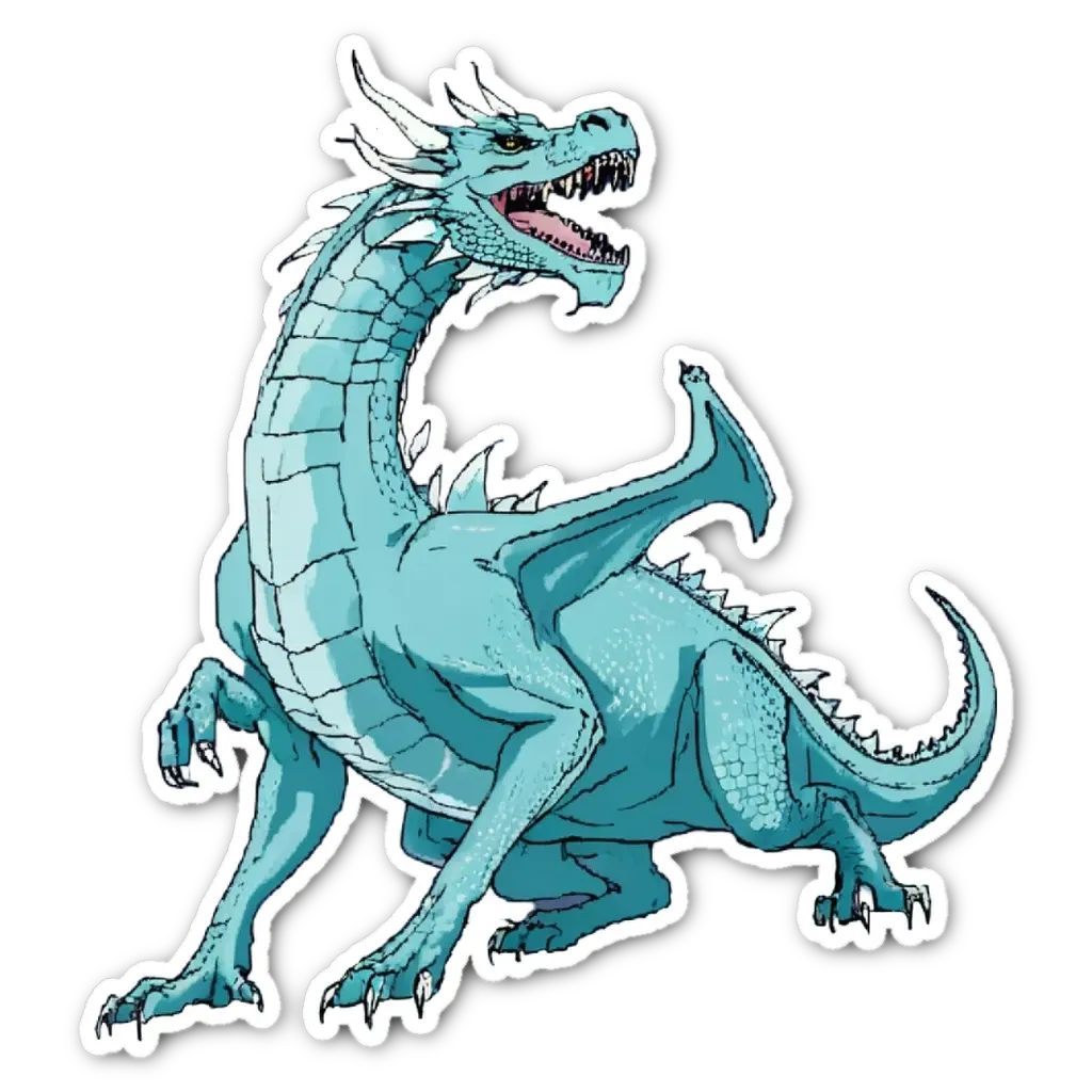 A blue dragon with yellow teeth in a black background.