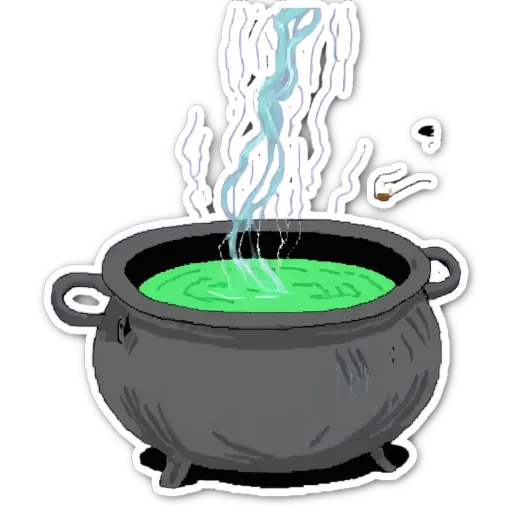 A green colored cauldron with steam coming out of it.