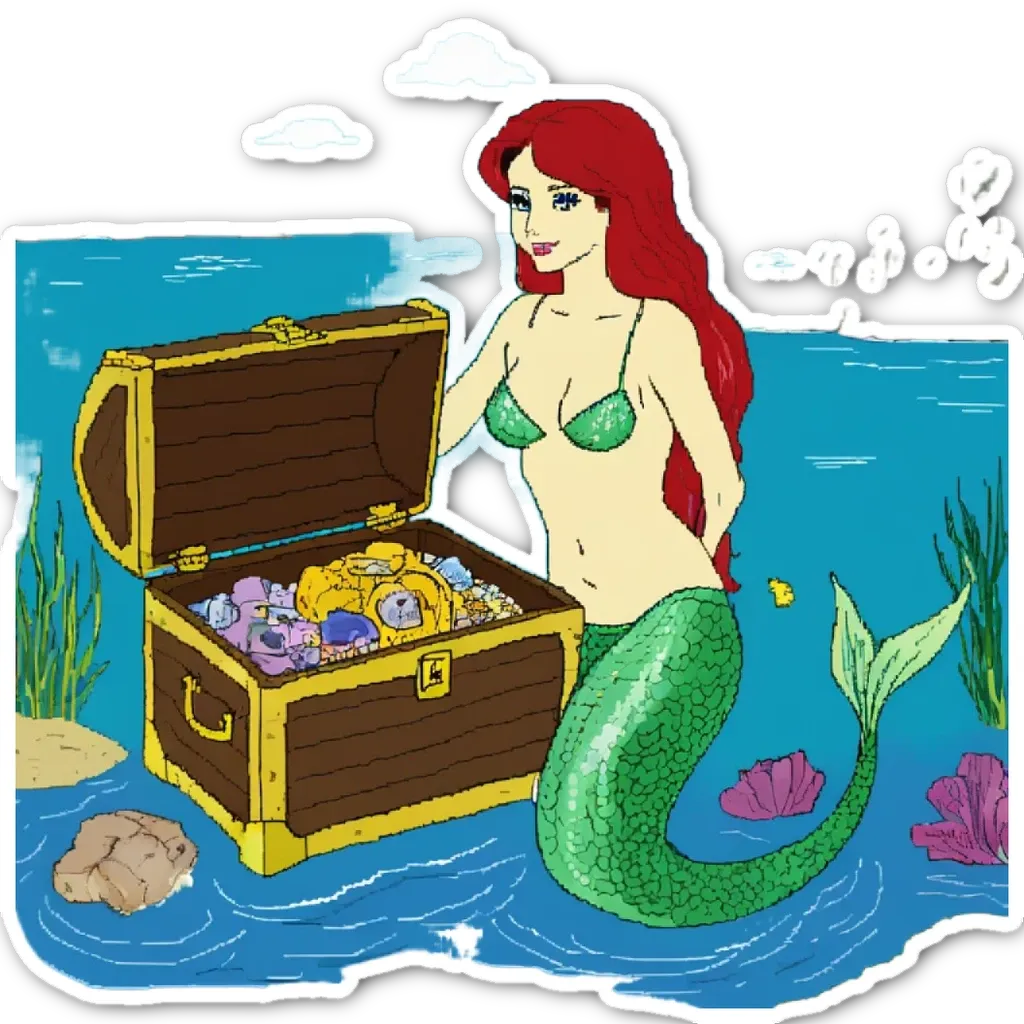 A drawing of a mermaid who is sitting on a boat looking inside a chest.