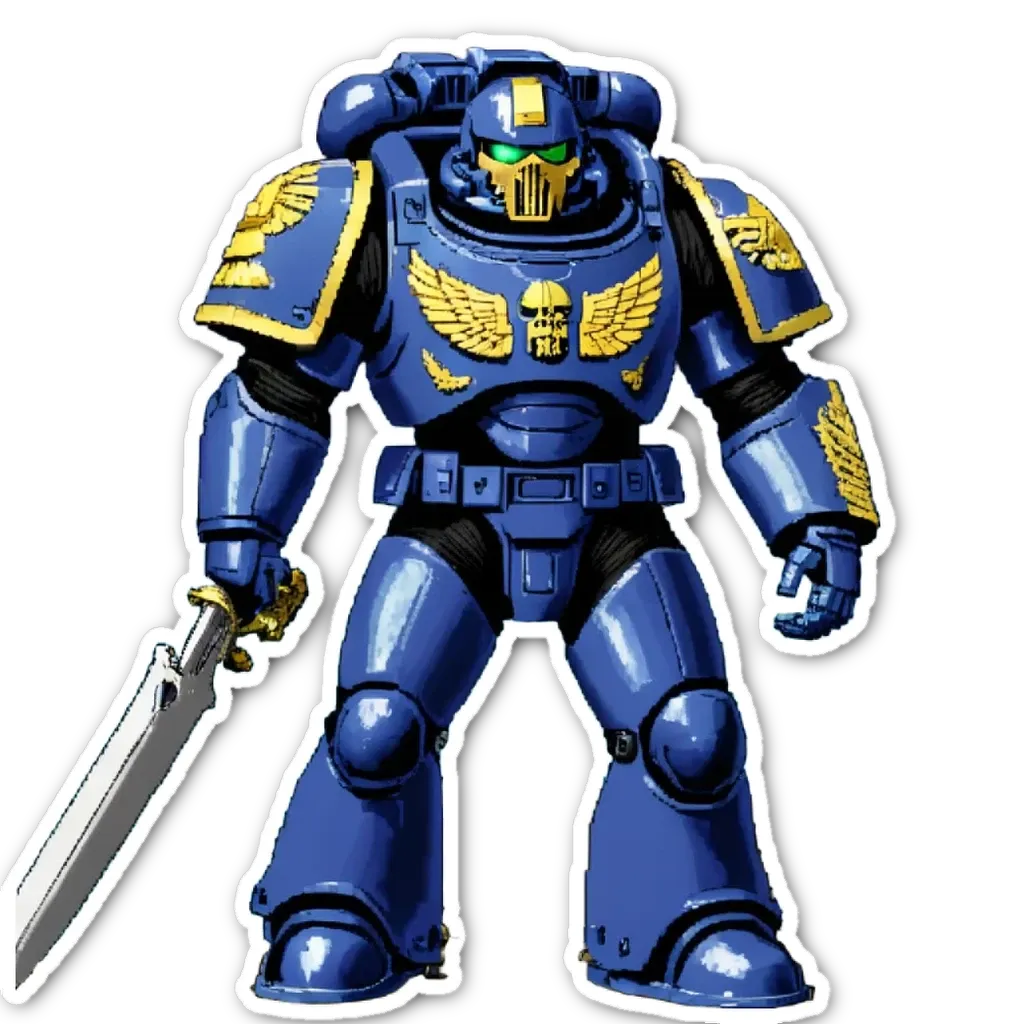 A blue character with a sword that is part of a sticker of a character from a video game.