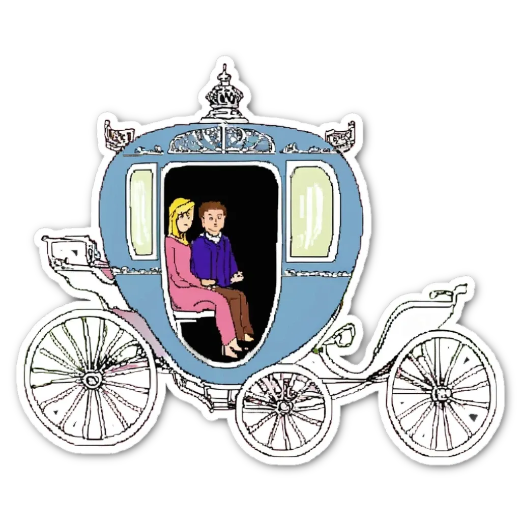 A couple riding in a carriage is drawn on a black background.