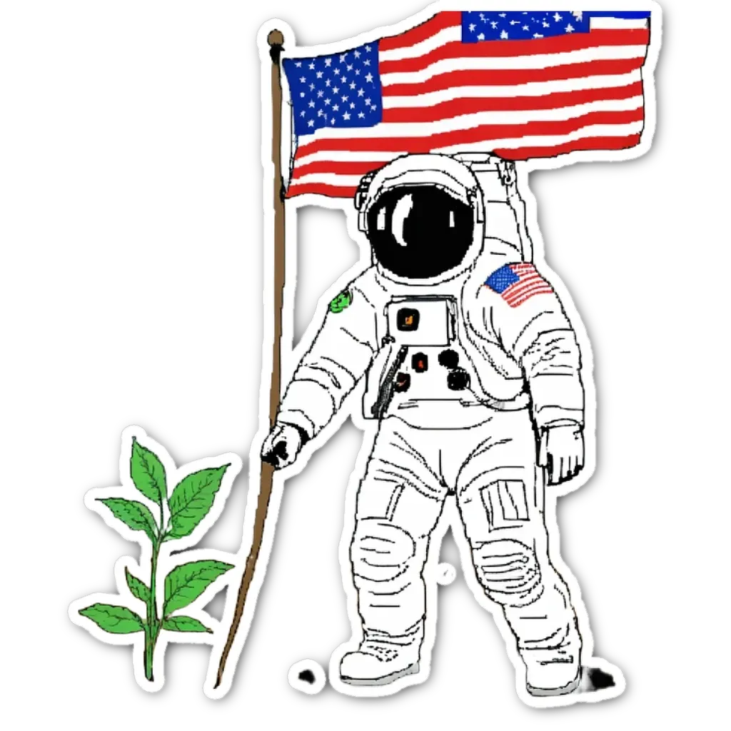 A plant is growing in front of an American flag that is being held by a space man.