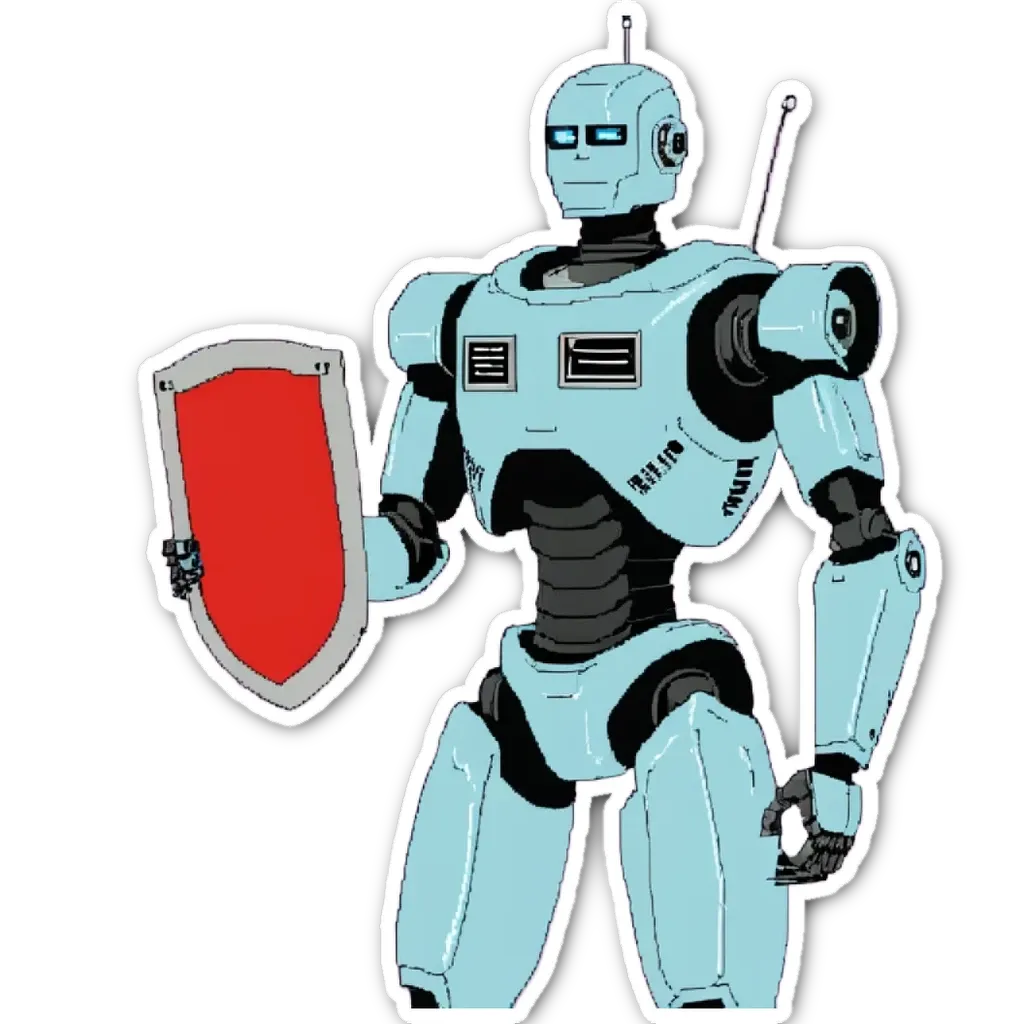 A blue robot holding a shield is showing his strength.