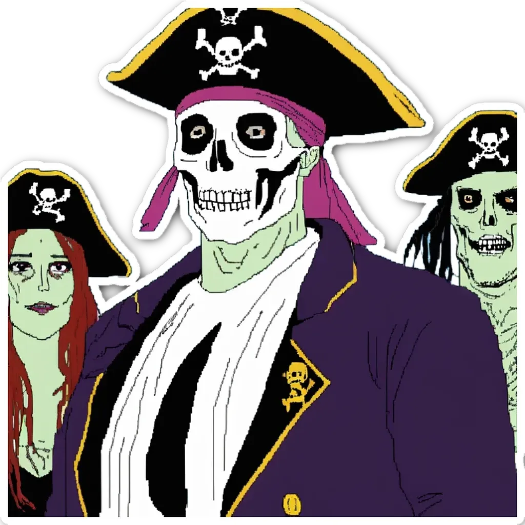 A man, woman and skeleton pirate on a black background.