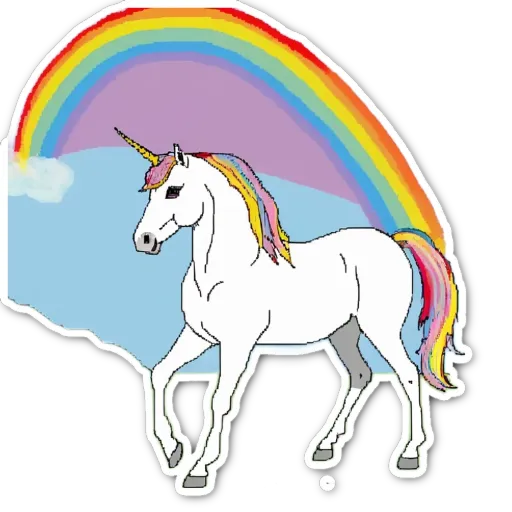 A unicorn is depicted running towards a rainbow.