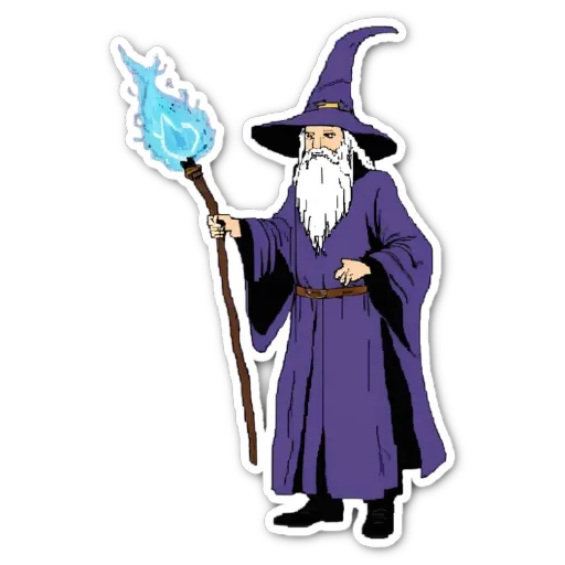 A cartoon drawing of a wizard with a blue staff.