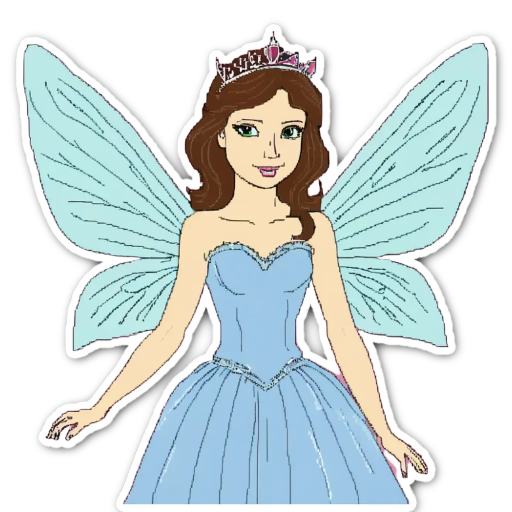 A cartoon drawing of a girl with a blue dress and a tiara.