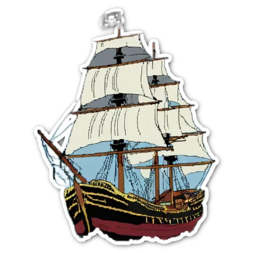 A sticker of a ship that has a skull and crossbones flag on it.