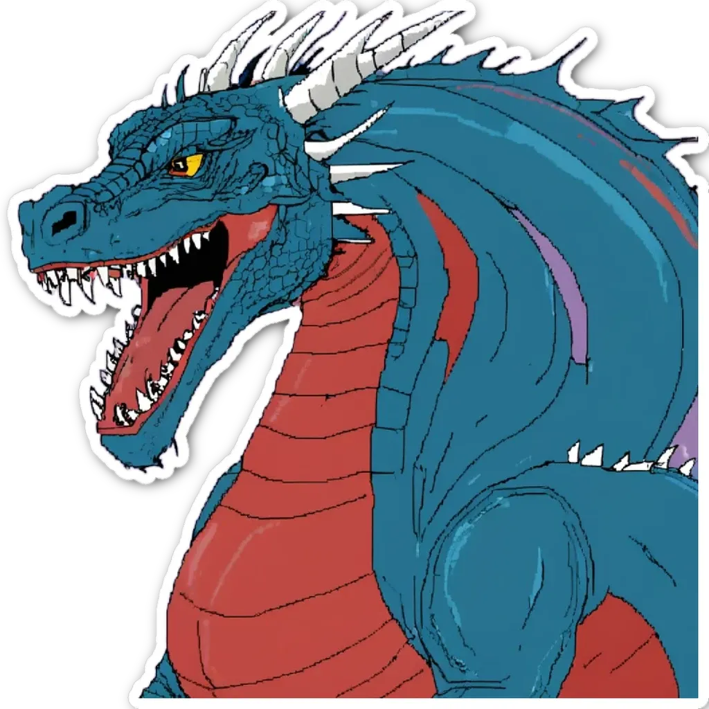 A blue and red dragon with white teeth.