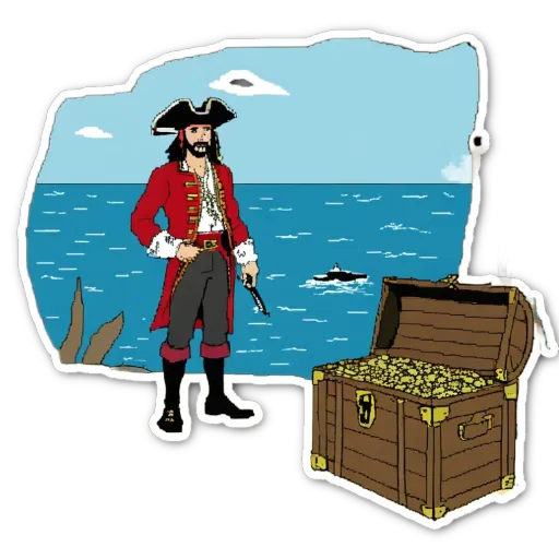 A cartoon depiction of a man in a pirate costume standing next to a chest.